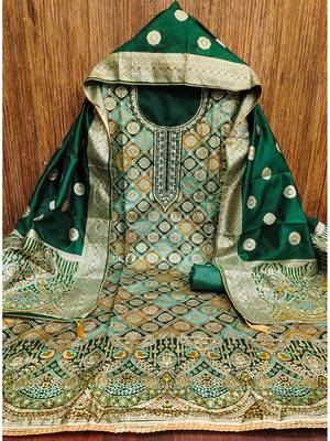 Royal green jacquard embroidered salwar suit material with woven dupatta 3