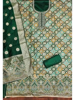 Royal green jacquard embroidered salwar suit material with woven dupatta 4