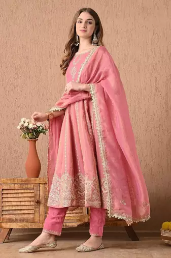  pink anarkali set with zardozi sequins and dabka work