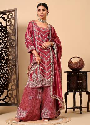Light wine sharara set with zardozi dabka and sequins 1