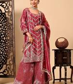 Light wine sharara set with zardozi dabka and sequins
