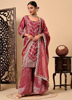 Light wine sharara set with zardozi dabka and sequins 3