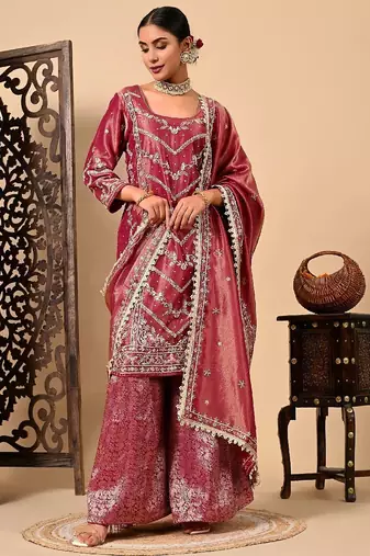 Light wine sharara set with zardozi dabka and sequins