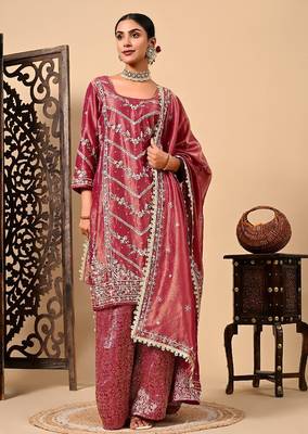 Light wine sharara set with zardozi dabka and sequins 4