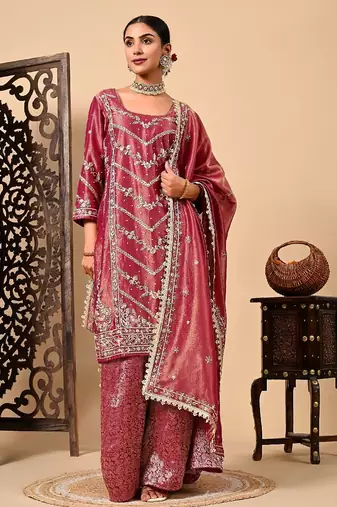 Light wine sharara set with zardozi dabka and sequins