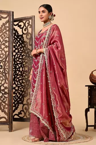 Light wine sharara set with zardozi dabka and sequins