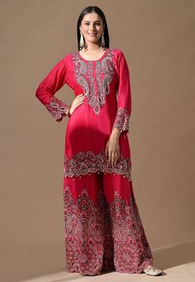 pink sharara set with mirror & pearl work 1