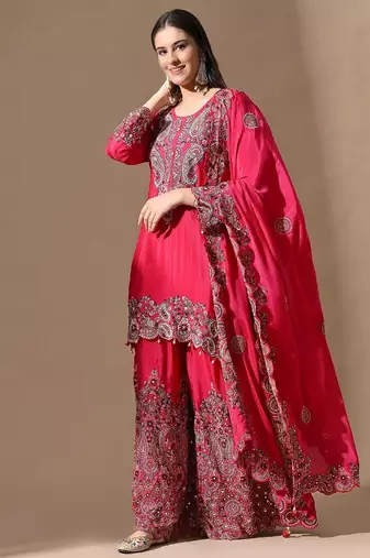 pink sharara set with mirror & pearl work