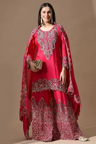 pink sharara set with mirror & pearl work