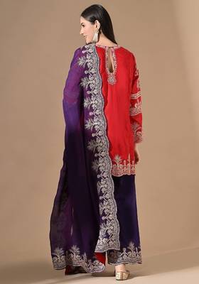 Red & purple silk kurta set with thread embroidery 2