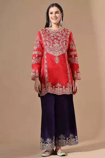 Red & purple silk kurta set with thread embroidery