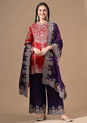 Red & purple silk kurta set with thread embroidery 1