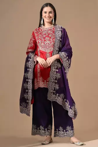 Red & purple silk kurta set with thread embroidery