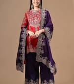 Red & purple silk kurta set with thread embroidery