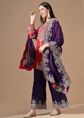 Red & purple silk kurta set with thread embroidery 4