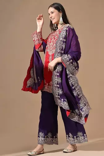 Red & purple silk kurta set with thread embroidery