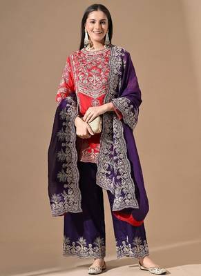 Red & purple silk kurta set with thread embroidery 5