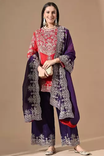Red & purple silk kurta set with thread embroidery