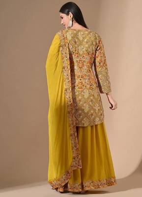 Yellow chinon sharara set with zardozi & pearl work 1