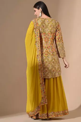 Yellow chinon sharara set with zardozi & pearl work