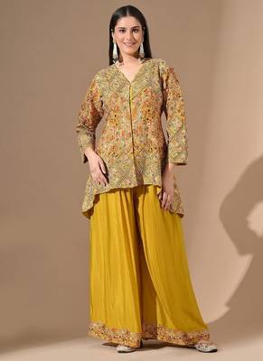 Yellow chinon sharara set with zardozi & pearl work 2
