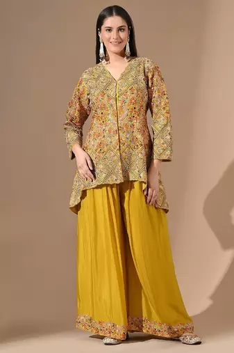 Yellow chinon sharara set with zardozi & pearl work