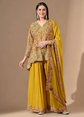 Yellow chinon sharara set with zardozi & pearl work 3