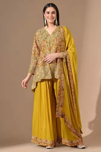 Yellow chinon sharara set with zardozi & pearl work