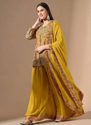 Yellow chinon sharara set with zardozi & pearl work 4
