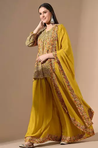 Yellow chinon sharara set with zardozi & pearl work