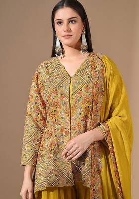 Yellow chinon sharara set with zardozi & pearl work 5