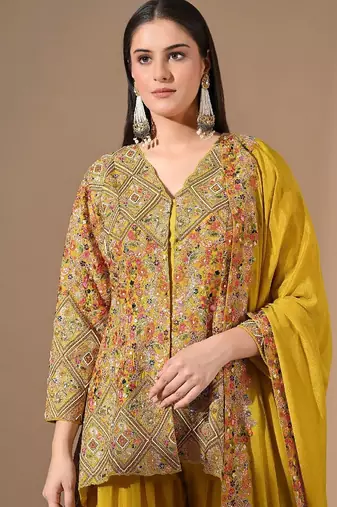 Yellow chinon sharara set with zardozi & pearl work