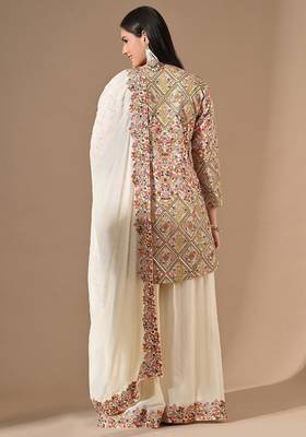 Cream chinon sharara set with pearl & zardozi work 2