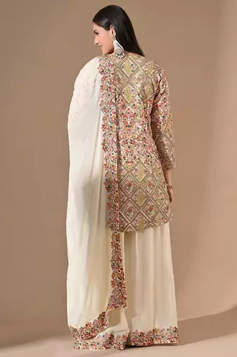 Cream chinon sharara set with pearl & zardozi work