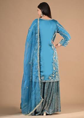 Royal blue sharara set with zardozi cutdana & sequin work 3