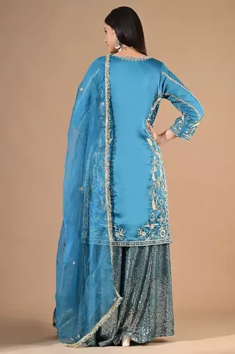 Royal blue sharara set with zardozi cutdana & sequin work