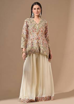 Cream chinon sharara set with pearl & zardozi work 1