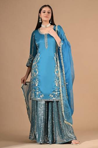 Royal blue sharara set with zardozi cutdana & sequin work