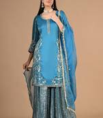 Royal blue sharara set with zardozi cutdana & sequin work