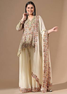 Cream chinon sharara set with pearl & zardozi work 3