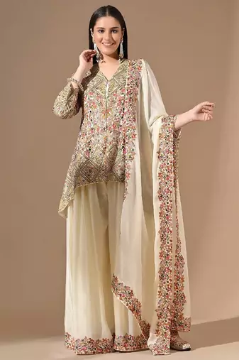 Cream chinon sharara set with pearl & zardozi work