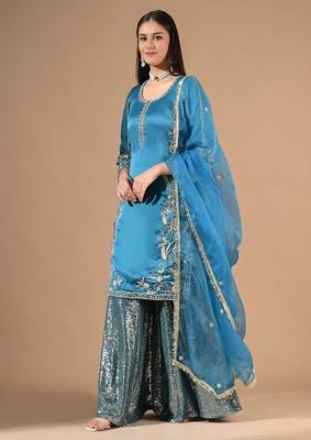 Royal blue sharara set with zardozi cutdana & sequin work 4