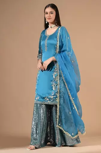 Royal blue sharara set with zardozi cutdana & sequin work