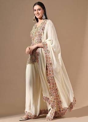 Cream chinon sharara set with pearl & zardozi work 4