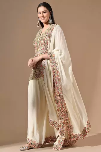 Cream chinon sharara set with pearl & zardozi work