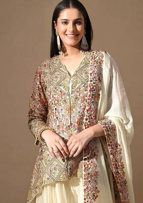 Cream chinon sharara set with pearl & zardozi work 5