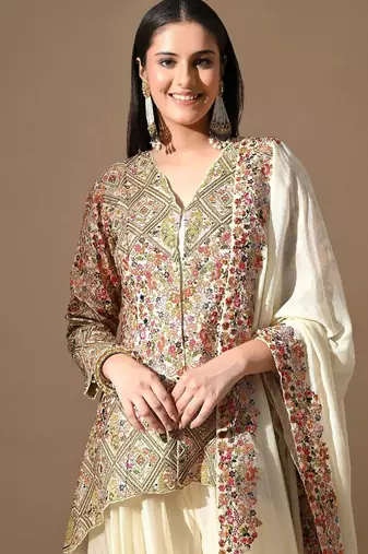 Cream chinon sharara set with pearl & zardozi work