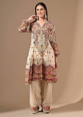 Golden cream kurta set with farshi salwar & zardozi work 1