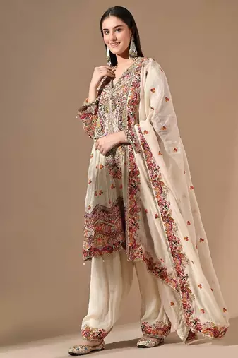 Golden cream kurta set with farshi salwar & zardozi work