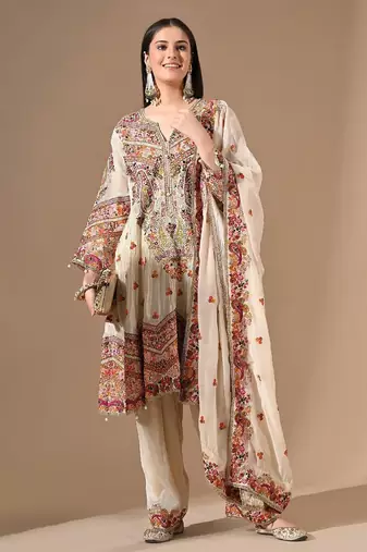 Golden cream kurta set with farshi salwar & zardozi work
